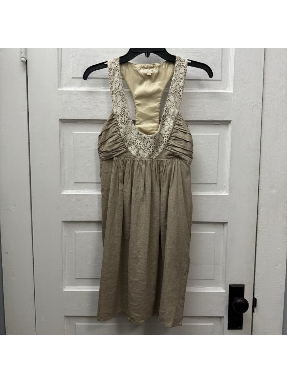 Molly New York Linen Blend Lace Trim Racerback Sheath Dress Beige Size 4 USA